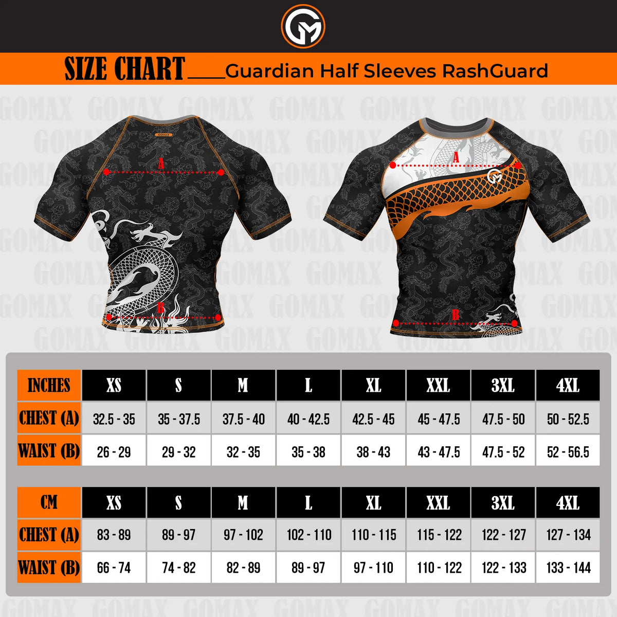 GoMax Gear Adult Half Sleeves Chart Size