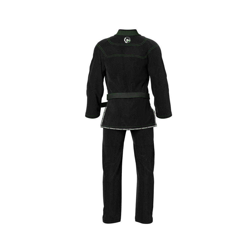 Feminine black BJJ gi shown in academy setting with white belt and clean branding