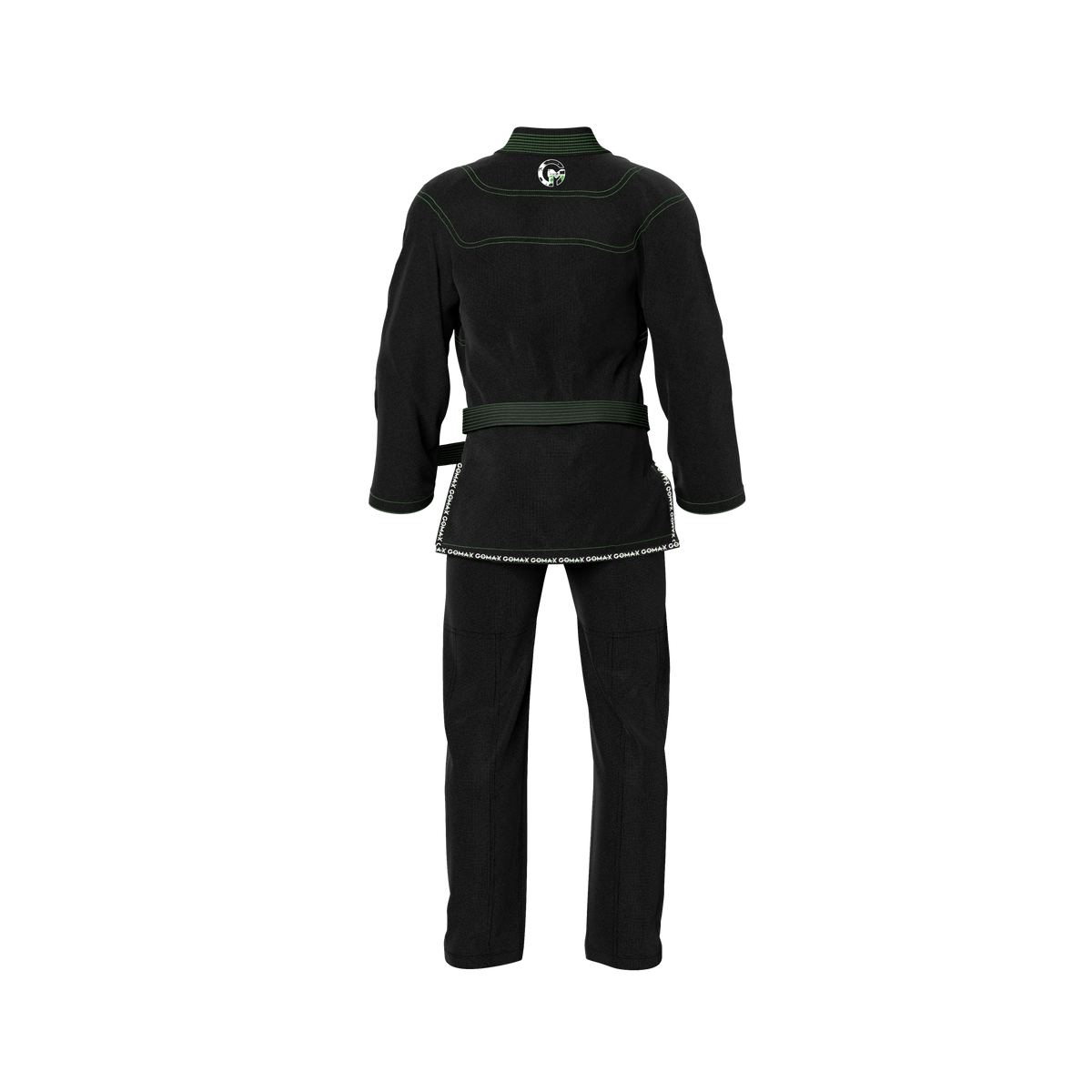 Feminine black BJJ gi shown in academy setting with white belt and clean branding