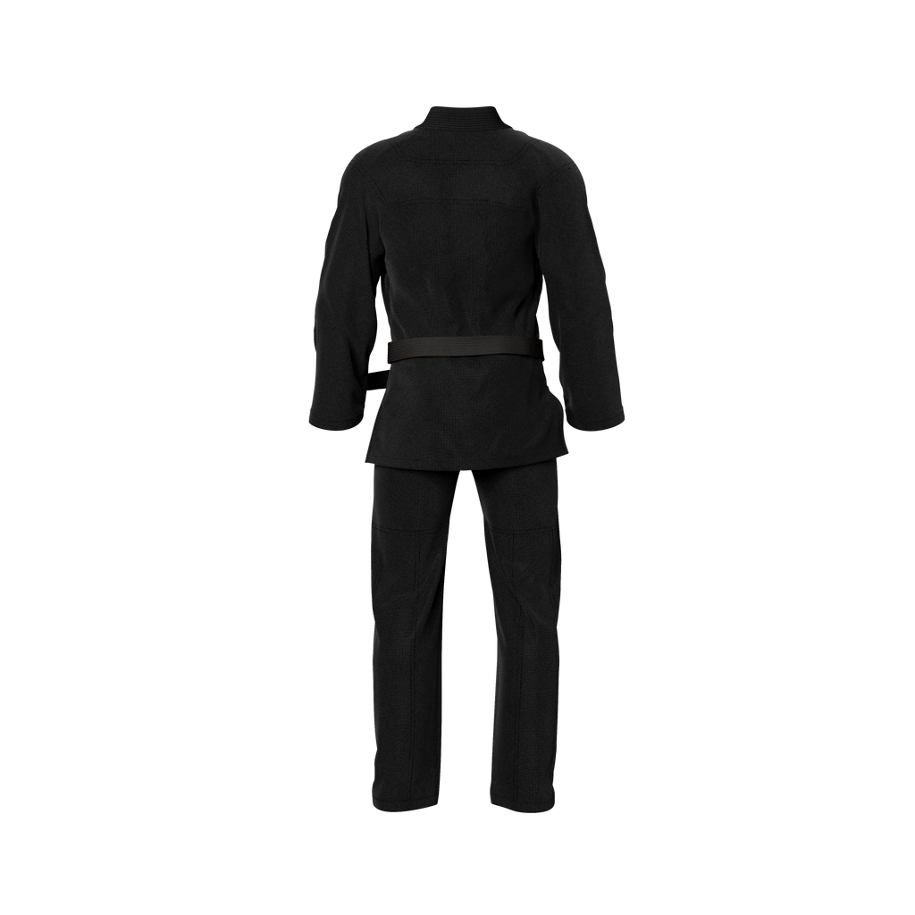 Beginner-friendly black gi laid flat with reinforced seams and breathable cotton weave