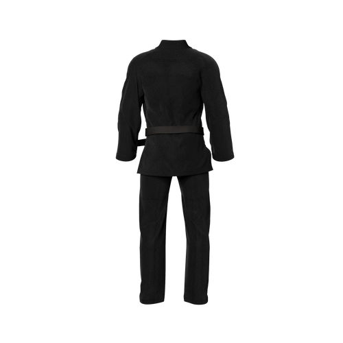 Beginner-friendly black gi laid flat with reinforced seams and breathable cotton weave