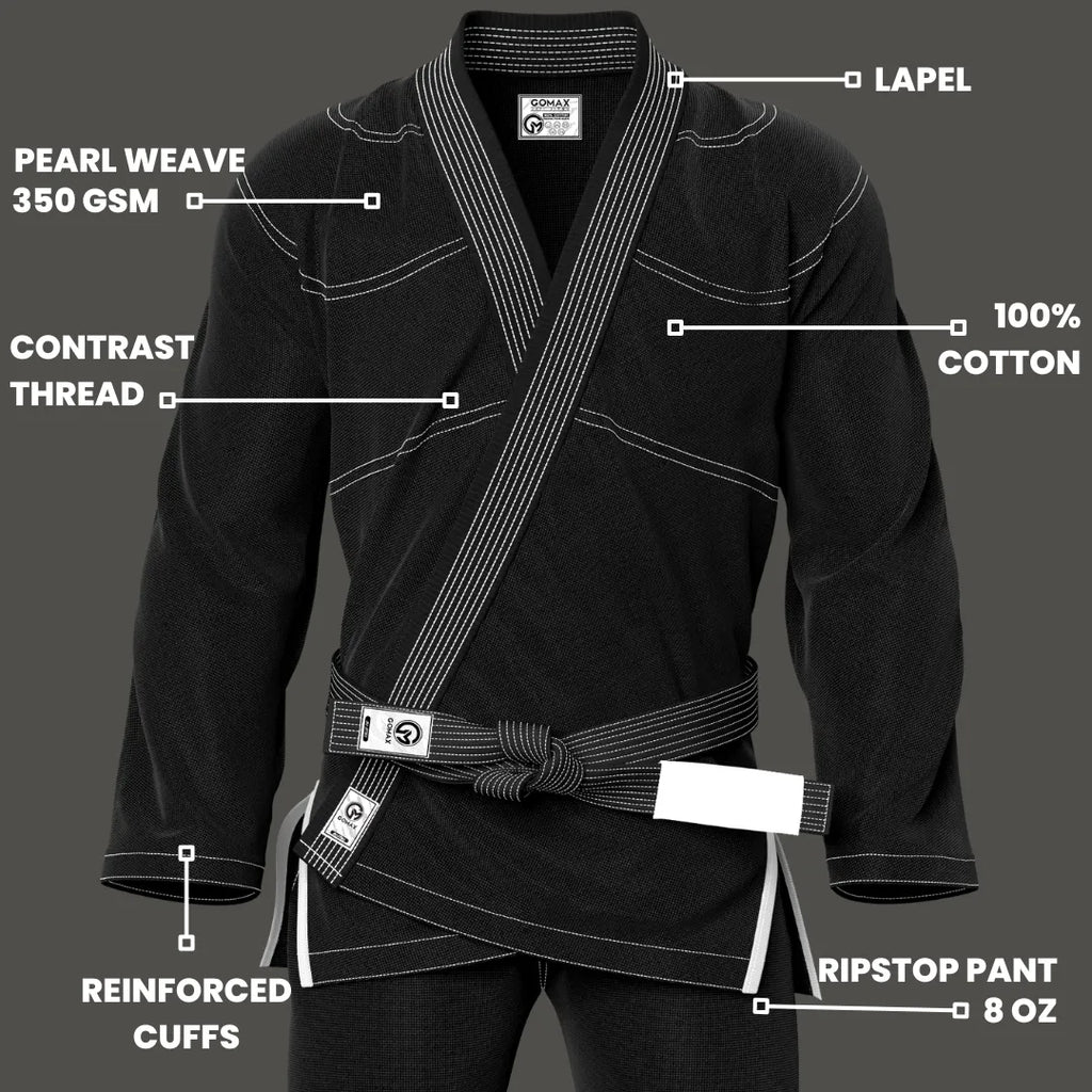 Basic black gi laid flat with reinforced seams and breathable cotton weave