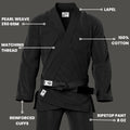 Black gi for trial classes shown in academy setting with clean branding and tapered fit