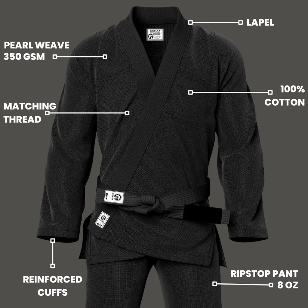 Black gi for trial classes shown in academy setting with clean branding and tapered fit