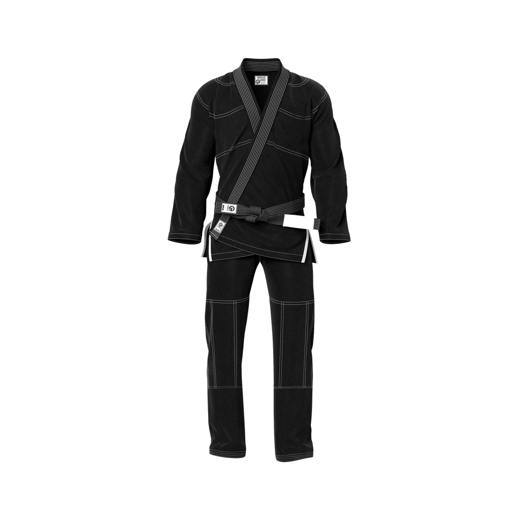 Black gi for beginners worn by white belt during jiu jitsu fundamentals class