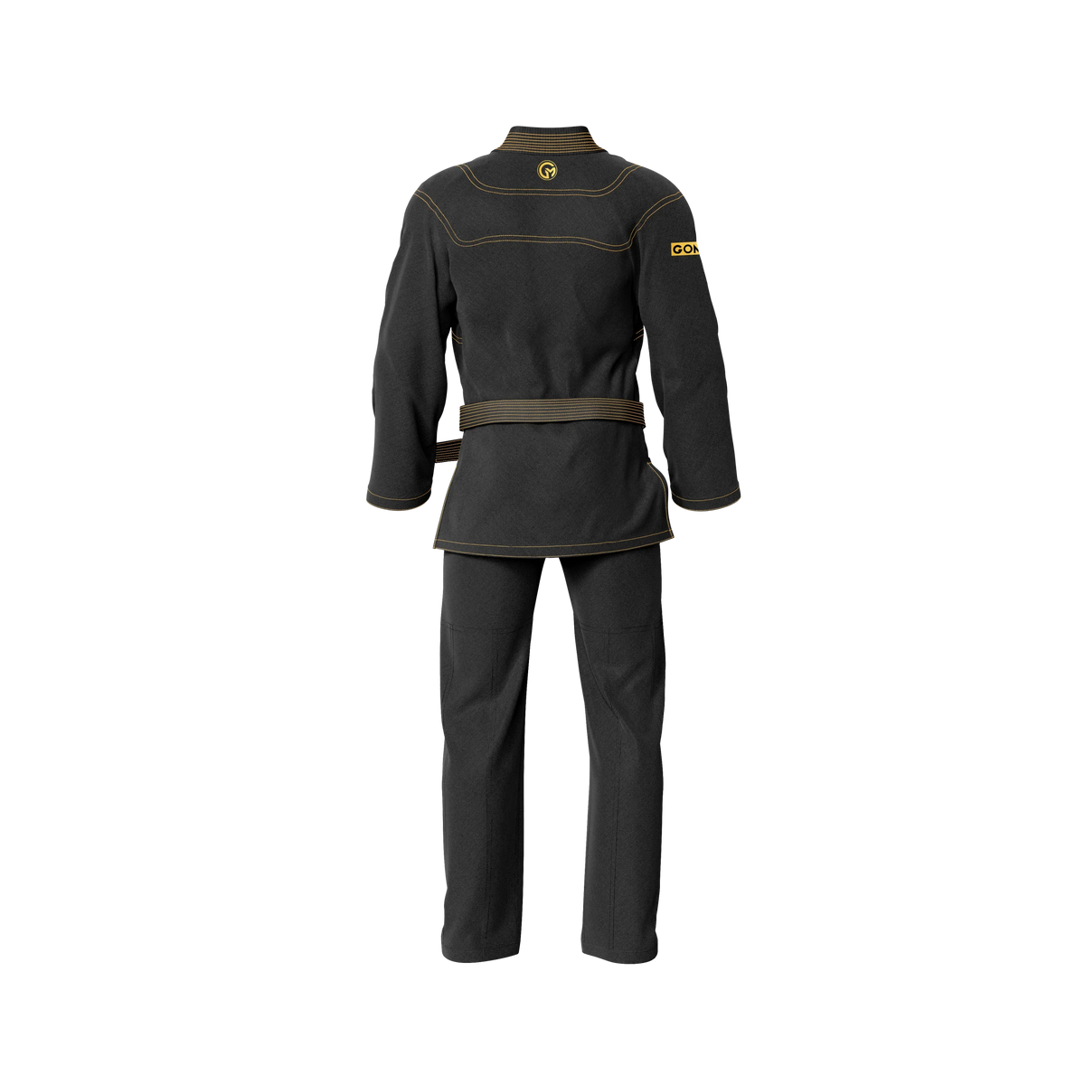 Elite black grappling gi laid flat with contrast stitching and IBJJF patch