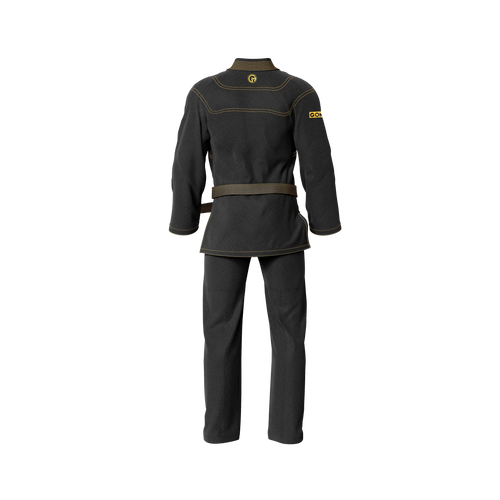 Elite black grappling gi laid flat with contrast stitching and IBJJF patch