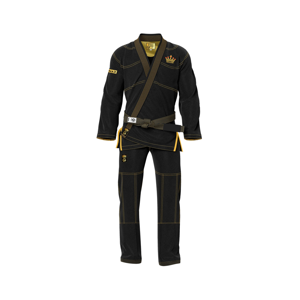 Premium black jiu jitsu gi displayed with pearl weave jacket and reinforced stitching