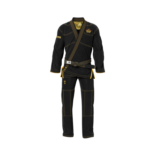 Premium black jiu jitsu gi displayed with pearl weave jacket and reinforced stitching