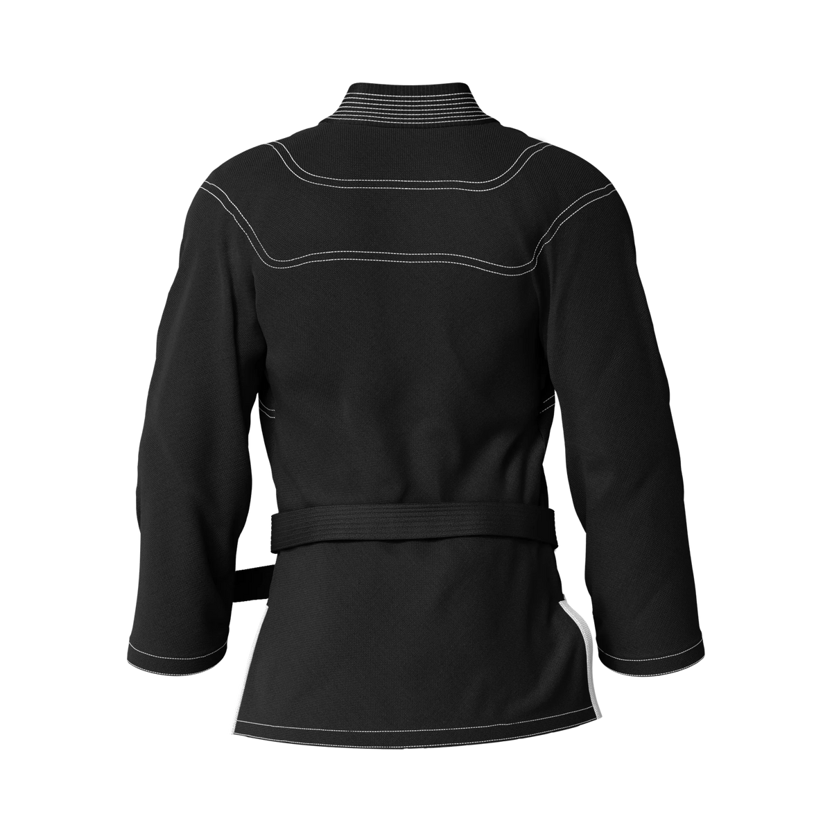 Back angle of ranked black BJJ gi tailored for tournament-ready performance and structured grading.