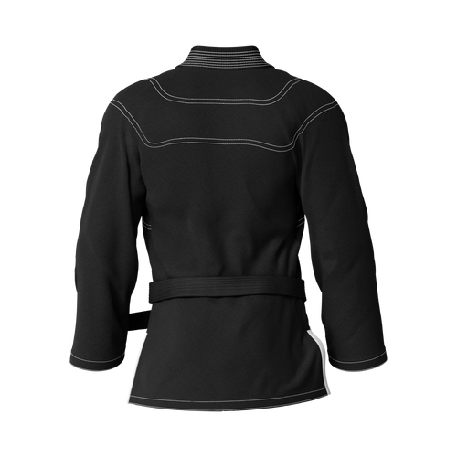 Back angle of ranked black BJJ gi tailored for tournament-ready performance and structured grading.