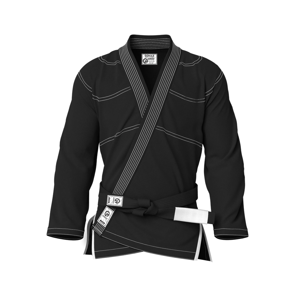 Front view of black gi for competition showing sleek cut and IBJJF legal design for belt testing.
