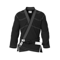 Front view of black gi for competition showing sleek cut and IBJJF legal design for belt testing.