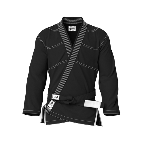 Front view of black gi for competition showing sleek cut and IBJJF legal design for belt testing.