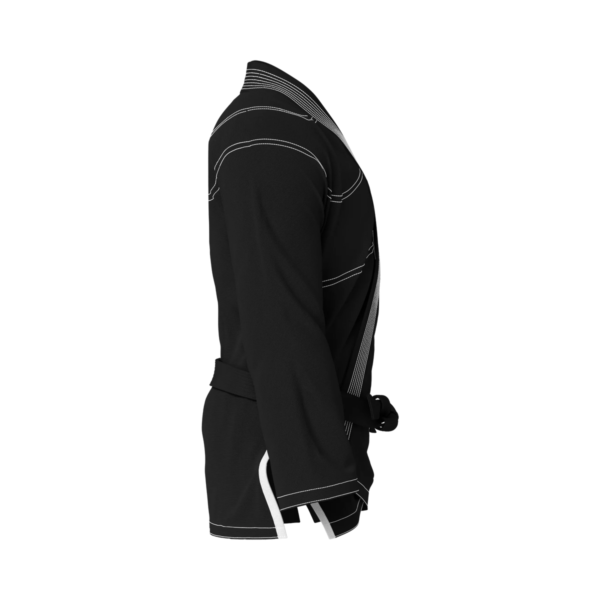 Side profile of tournament-ready black gi highlighting reinforced stitching and athletic fit.