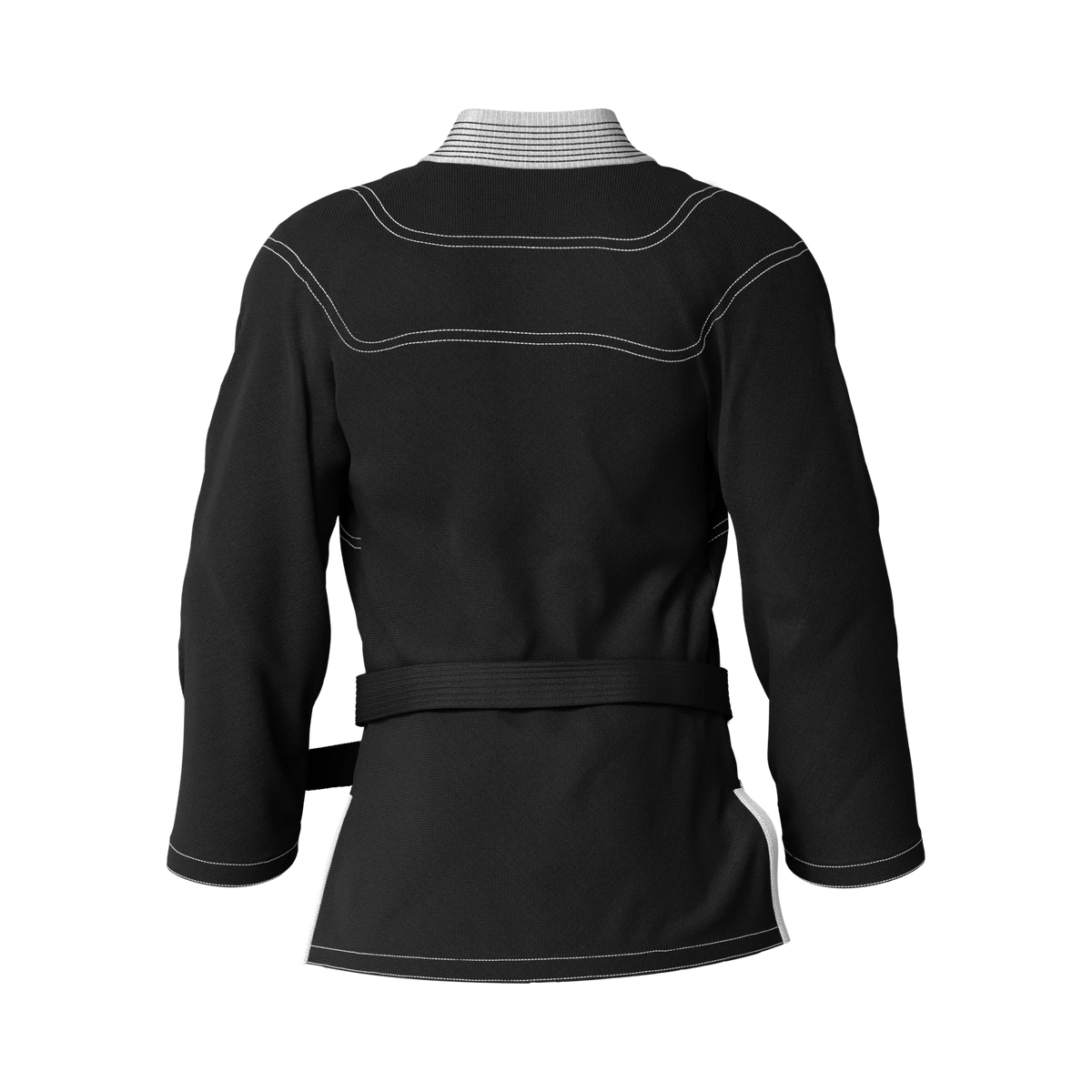 Back angle of youth-size black gi designed for adolescent grapplers with reinforced stitching.