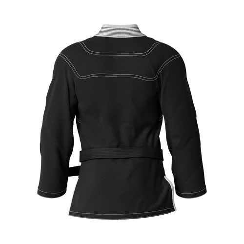 Back angle of youth-size black gi designed for adolescent grapplers with reinforced stitching.