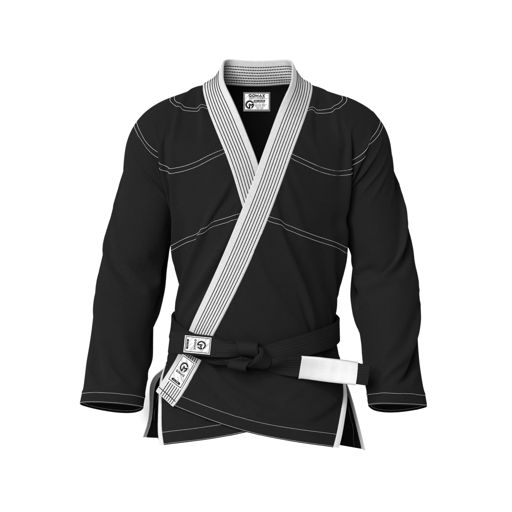 Front view of black gi for youth showing tapered fit for teens and junior BJJ athletes.