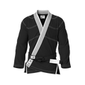 Front view of black gi for youth showing tapered fit for teens and junior BJJ athletes.