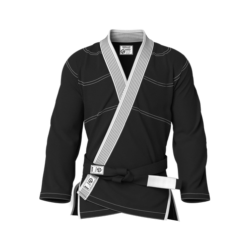 Front view of black gi for youth showing tapered fit for teens and junior BJJ athletes.