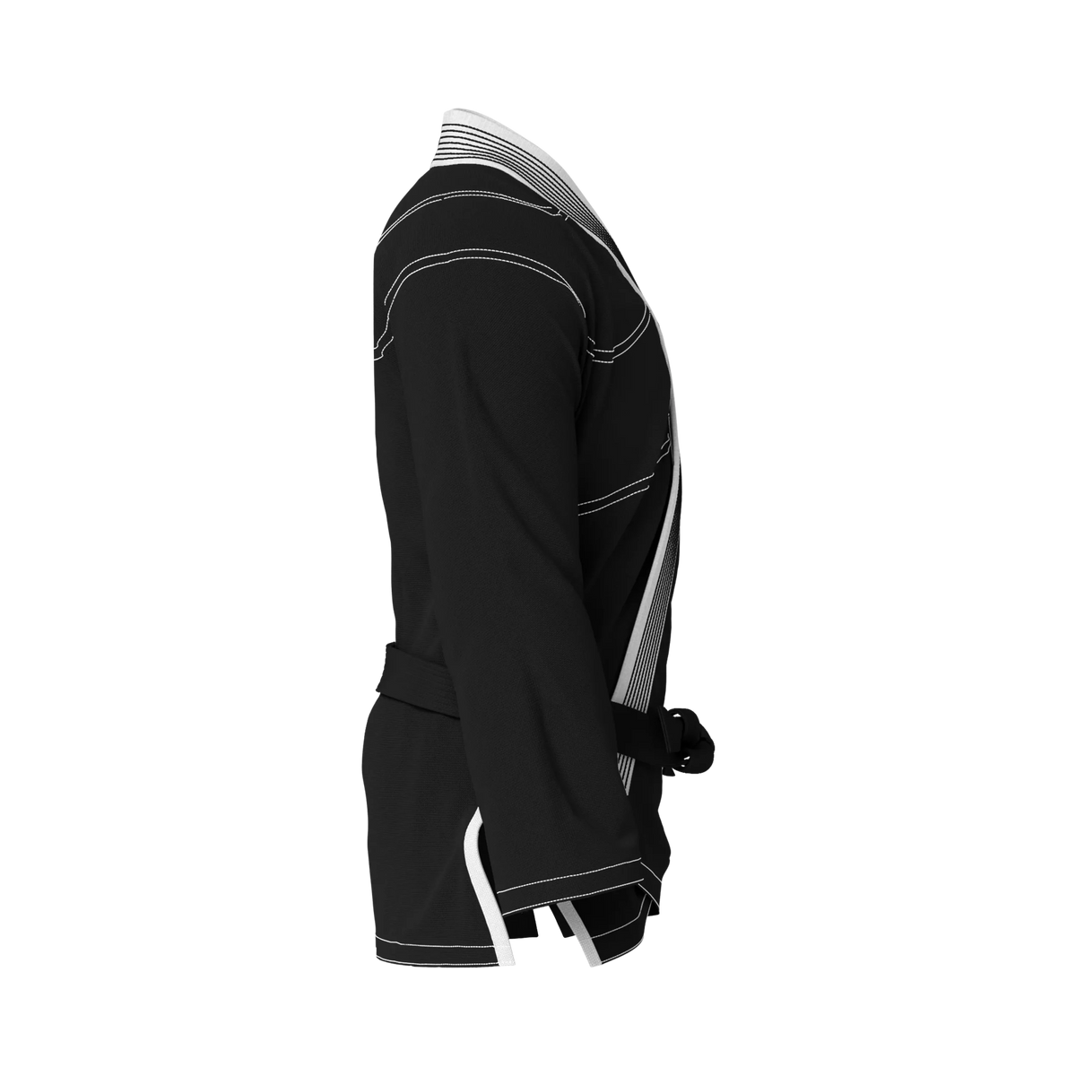 Side profile of junior black BJJ gi highlighting athletic cut and durable weave for teens.