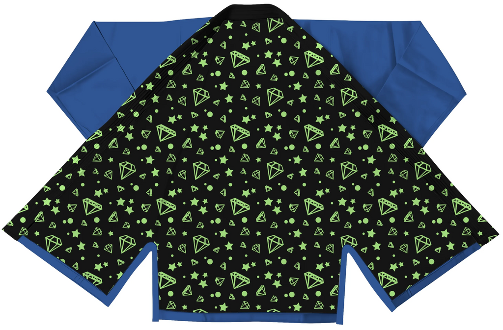 Ladies blue gi shown in academy setting with white belt and clean branding