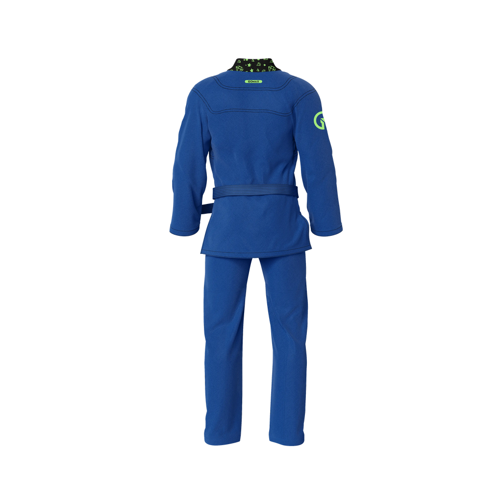 Female blue jiu jitsu gi laid flat with reinforced seams and breathable fabric panels