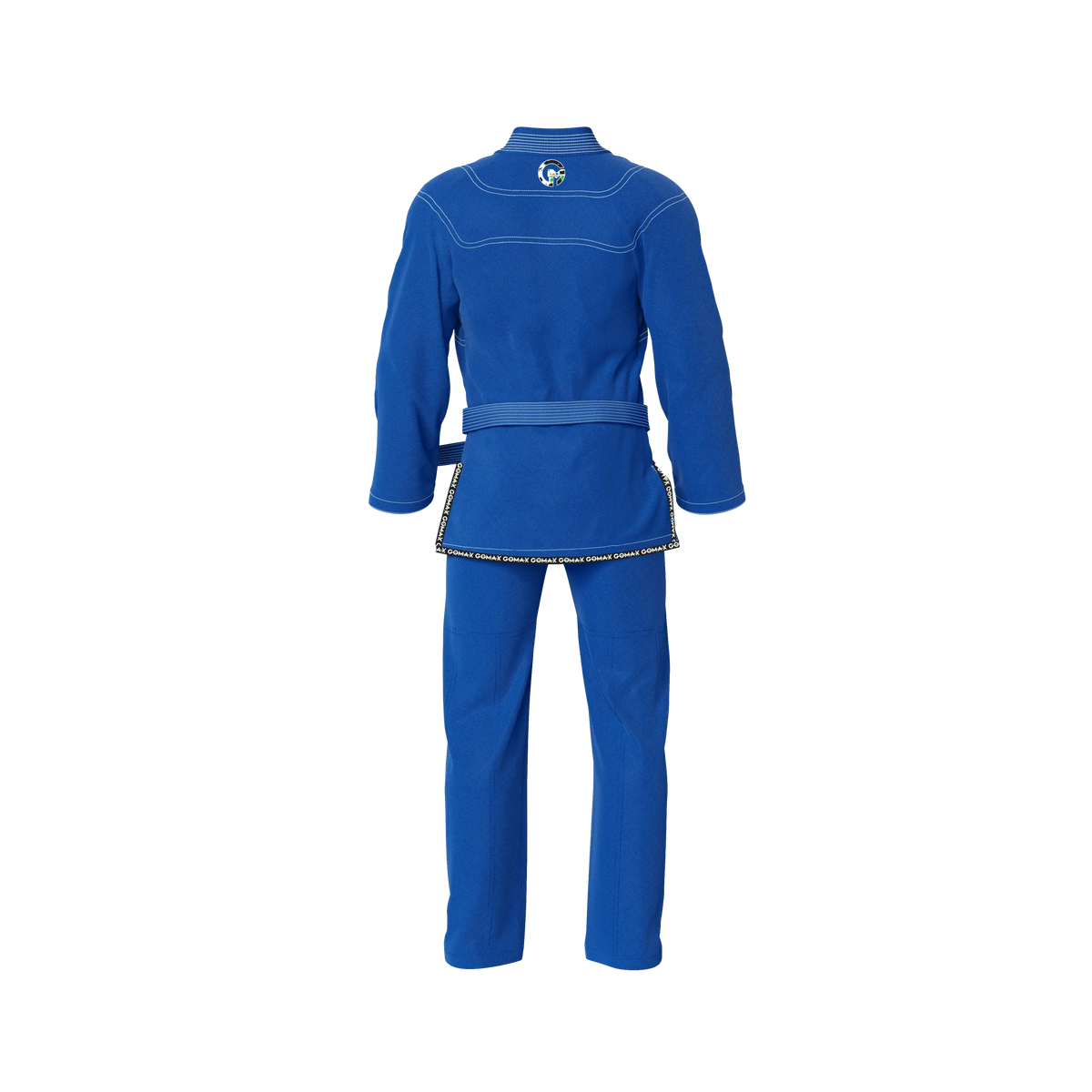 Elite blue BJJ gi laid flat with contrast stitching and IBJJF patch