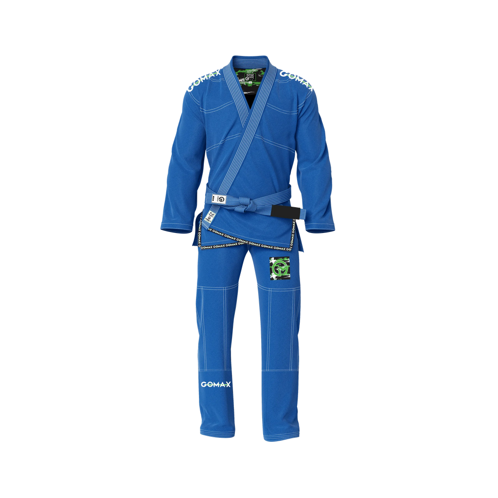 Premium blue BJJ gi displayed with pearl weave jacket and reinforced stitching