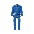 Premium blue BJJ gi displayed with pearl weave jacket and reinforced stitching