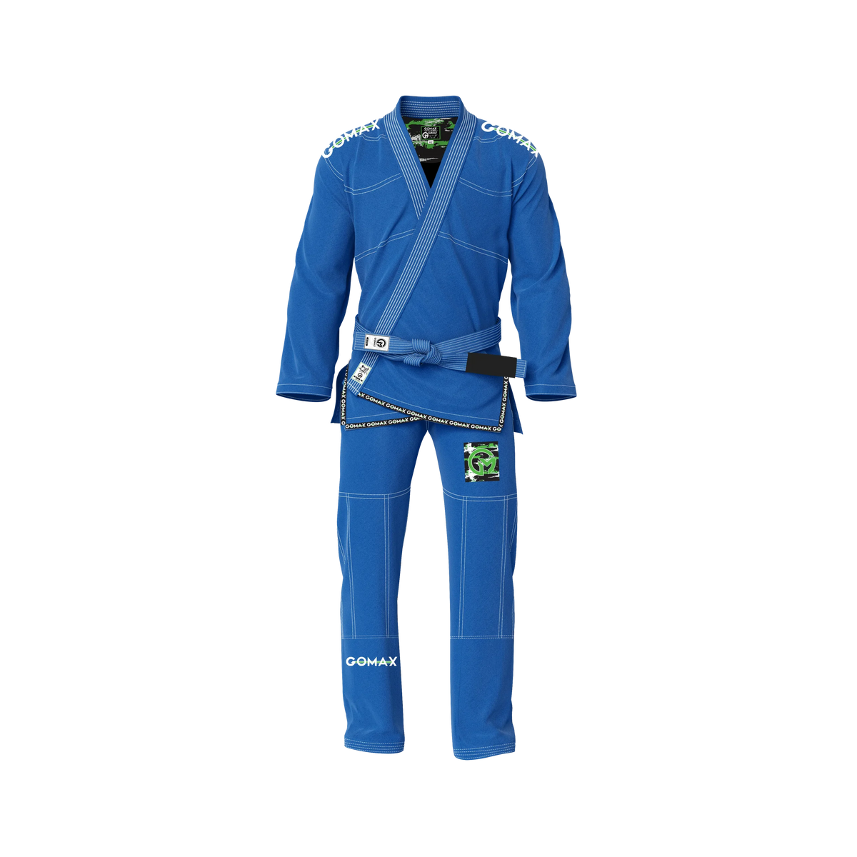 Premium blue BJJ gi displayed with pearl weave jacket and reinforced stitching
