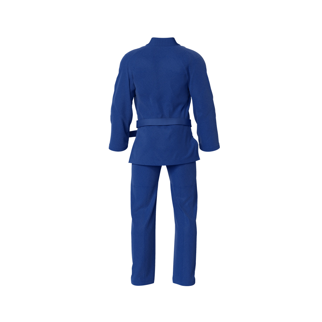 Everyday blue BJJ gi displayed with clean branding and white belt
