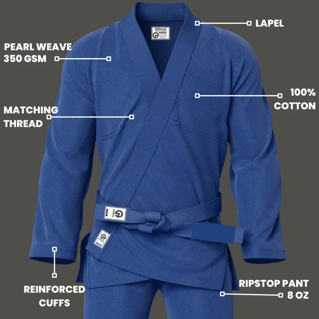 Blue gi for drills shown with tapered sleeves and breathable cotton weave