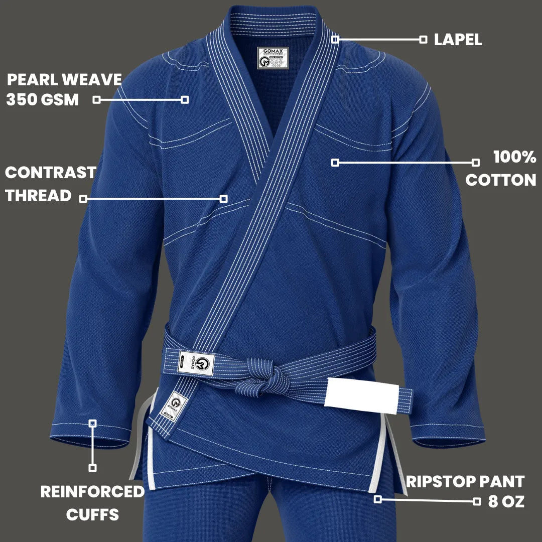 Breathable blue gi shown in academy setting with reinforced seams and white belt