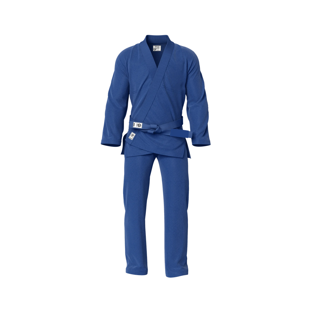 Blue gi for training worn by athlete during sparring session in academy setting