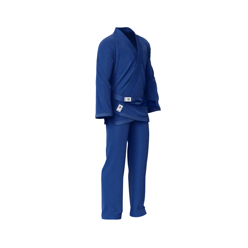 Gym-use blue gi laid flat with pearl weave jacket and reinforced seams