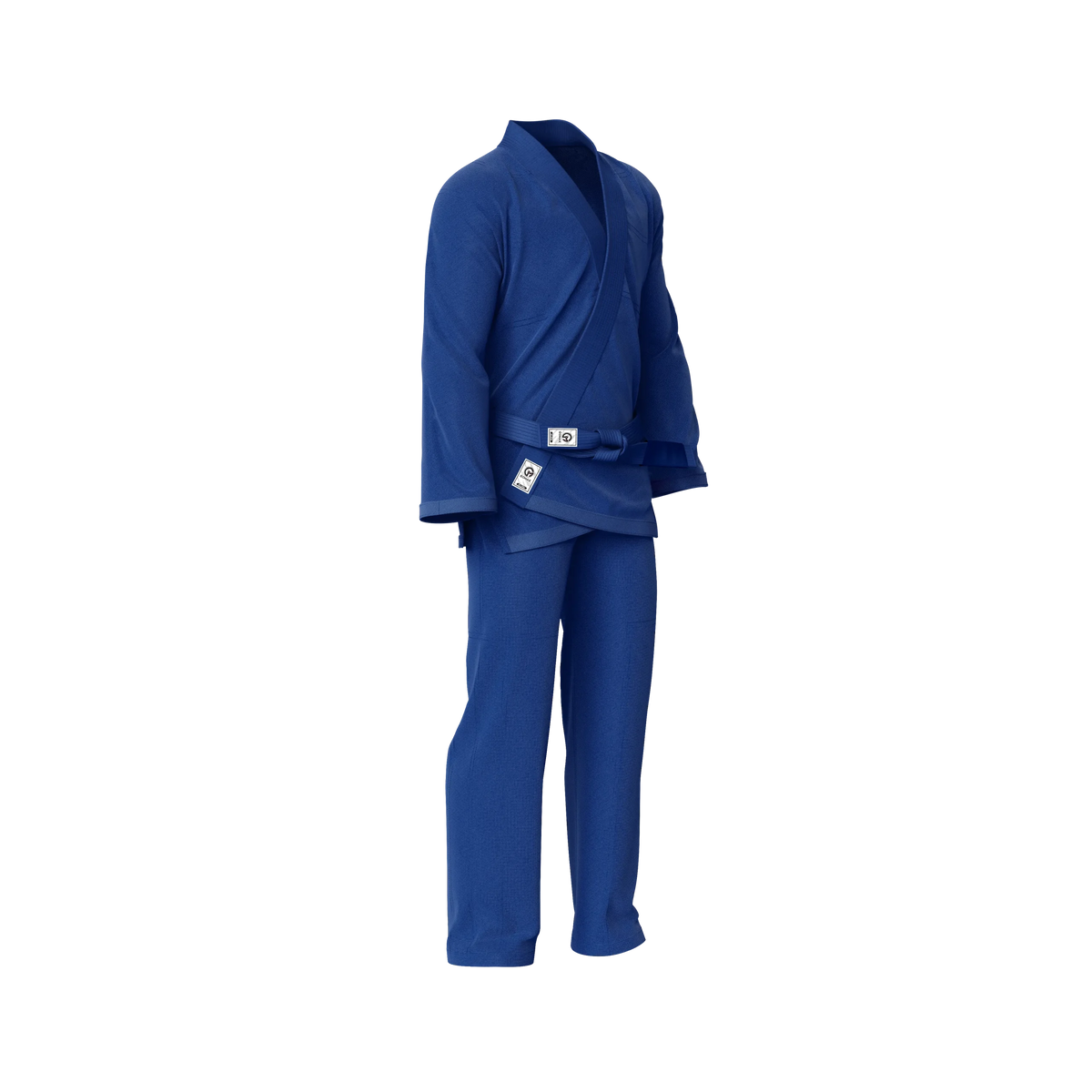 Gym-use blue gi laid flat with pearl weave jacket and reinforced seams