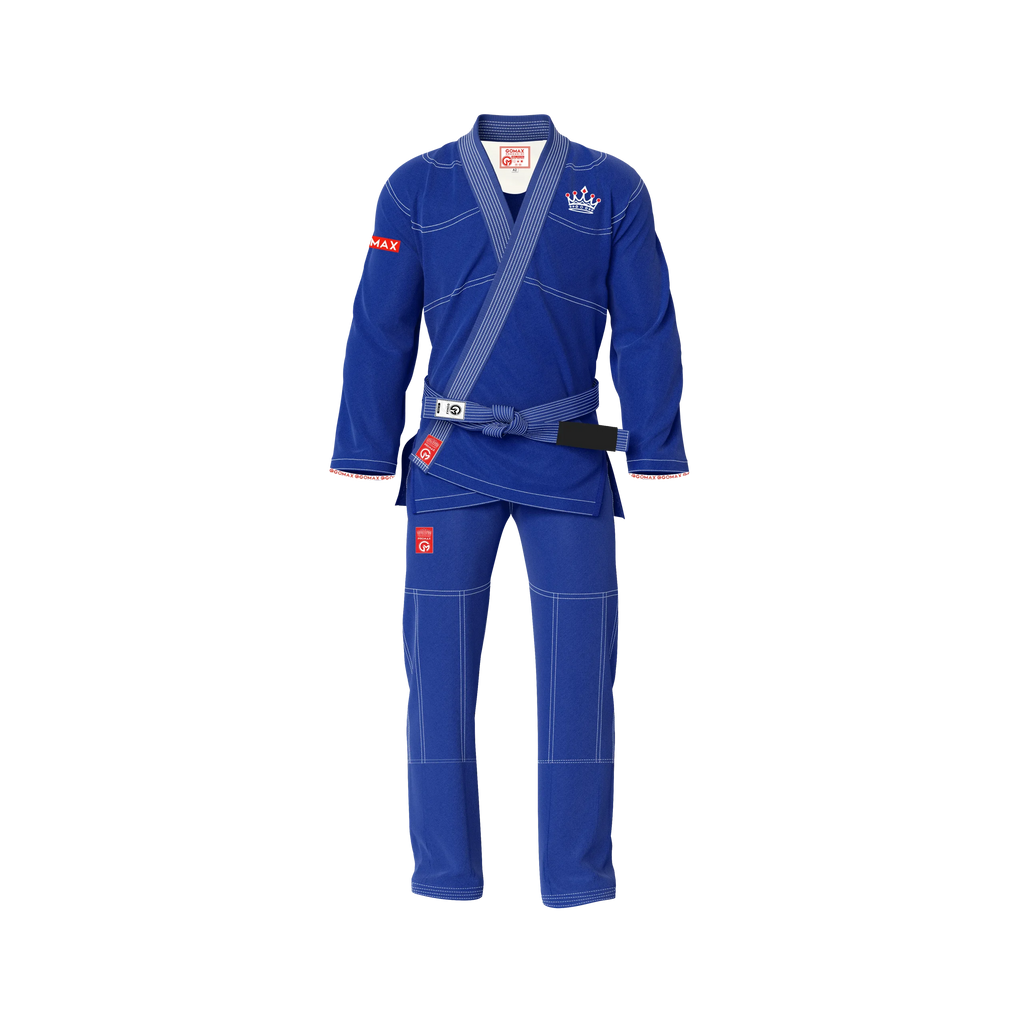 Blue gi for men shown during jiu jitsu sparring in academy setting