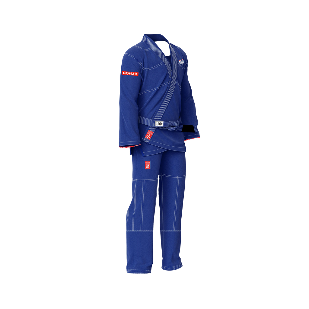 Blue BJJ gi for men laid flat with reinforced seams and ripstop pants