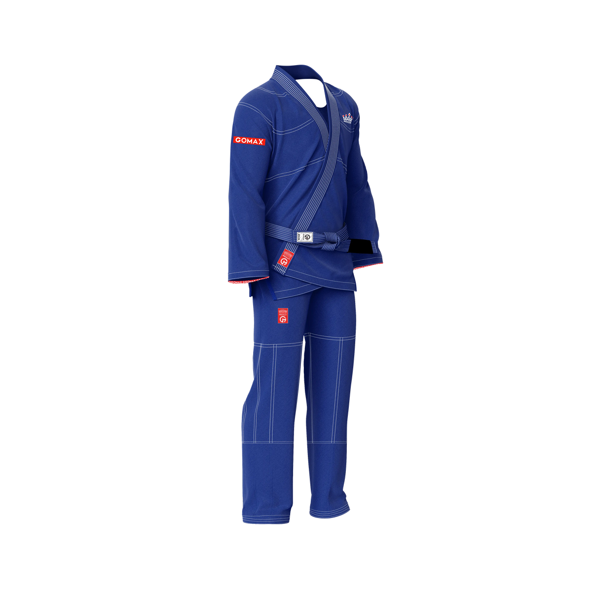 Blue BJJ gi for men laid flat with reinforced seams and ripstop pants