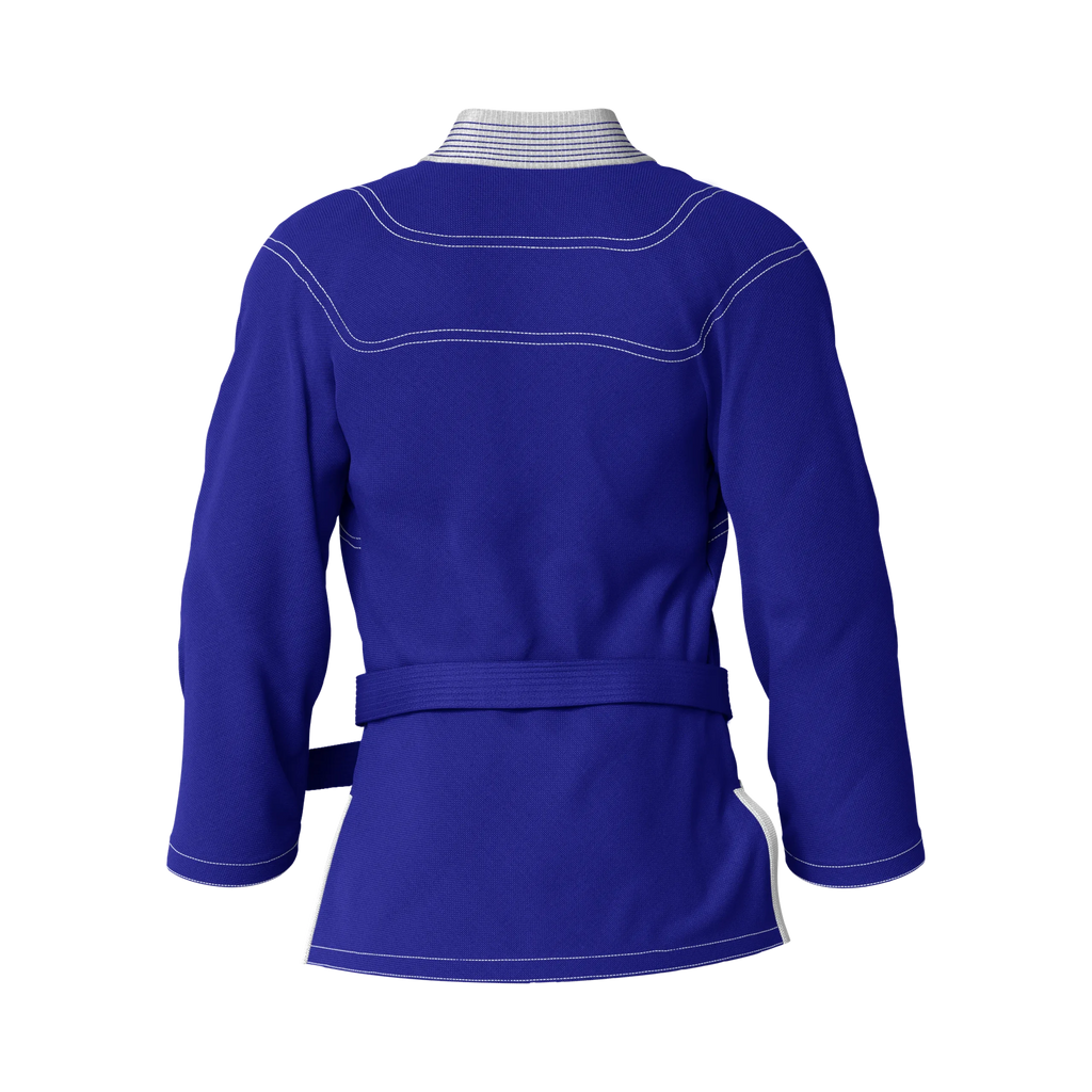 Back angle of advanced blue BJJ gi designed for high-level training and elite grappling performance.