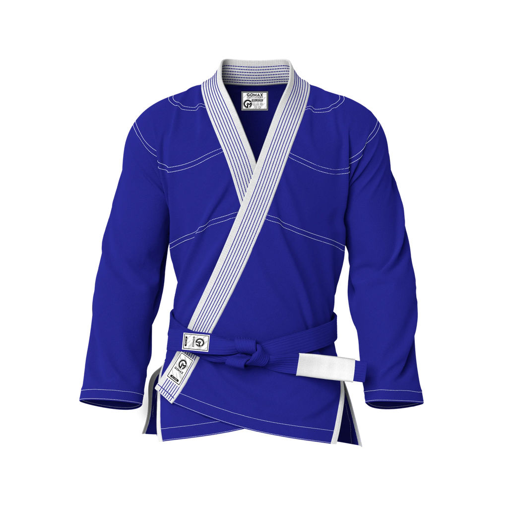 Front view of blue gi for advanced grapplers showing tailored fit for black belts and experienced athletes.