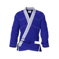 Front view of blue gi for advanced grapplers showing tailored fit for black belts and experienced athletes.