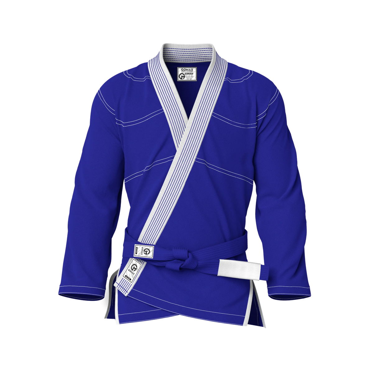 Front view of blue gi for advanced grapplers showing tailored fit for black belts and experienced athletes.