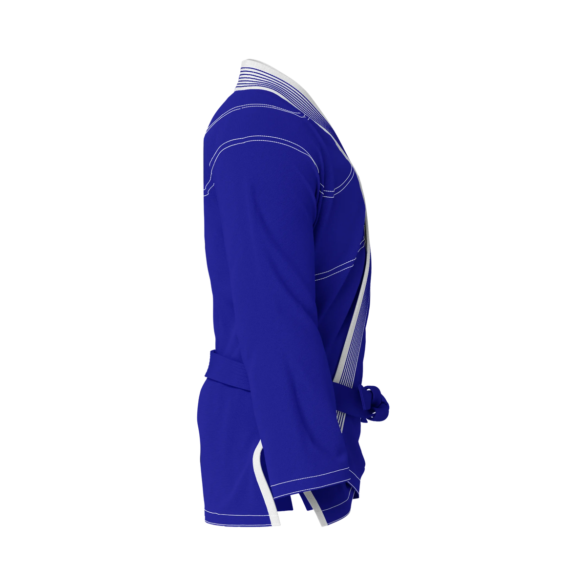 Side profile of blue gi for black belts highlighting reinforced stitching and athletic silhouette.