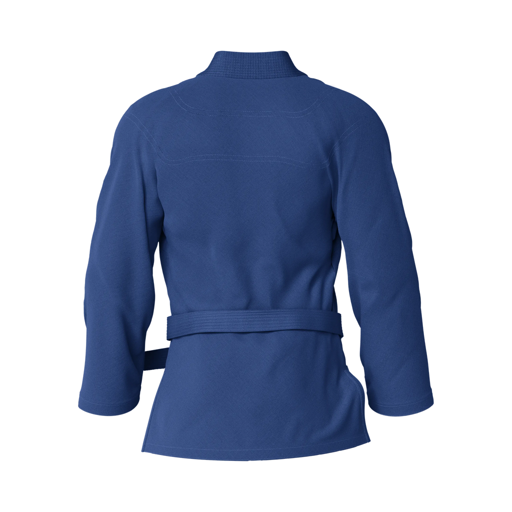 Back angle of entry-level blue gi designed for white belts and basic BJJ training.