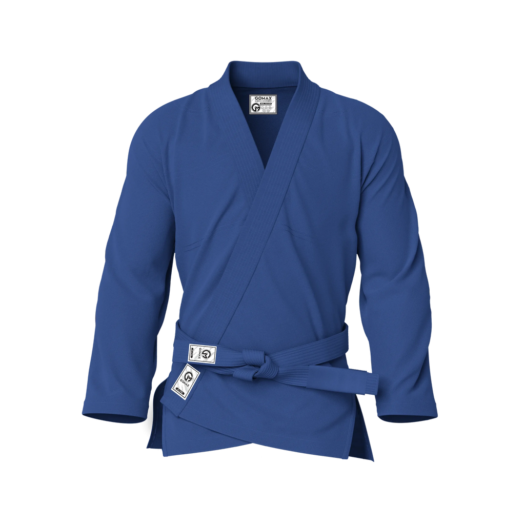 Front view of blue gi for beginners showing pearl weave texture and starter-friendly fit.