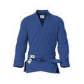 Front view of blue gi for beginners showing pearl weave texture and starter-friendly fit.