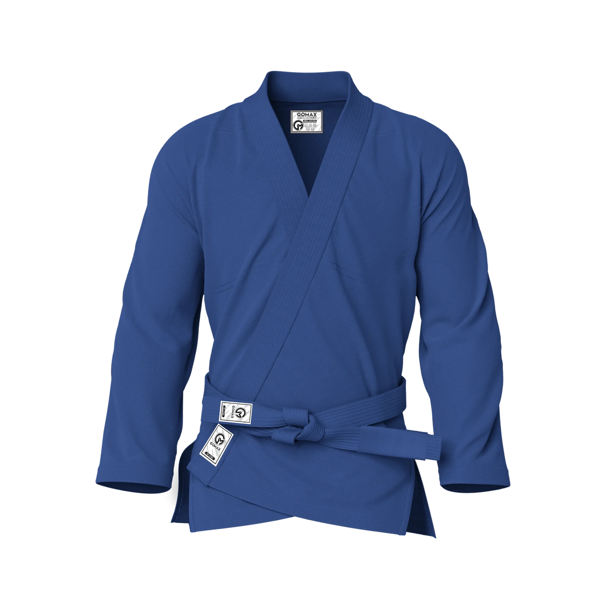 Front view of blue gi for beginners showing pearl weave texture and starter-friendly fit.