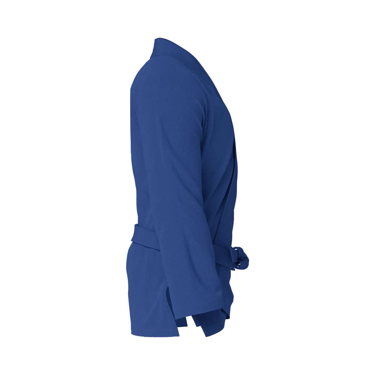 Side profile of starter blue BJJ gi highlighting reinforced stitching and lightweight design.